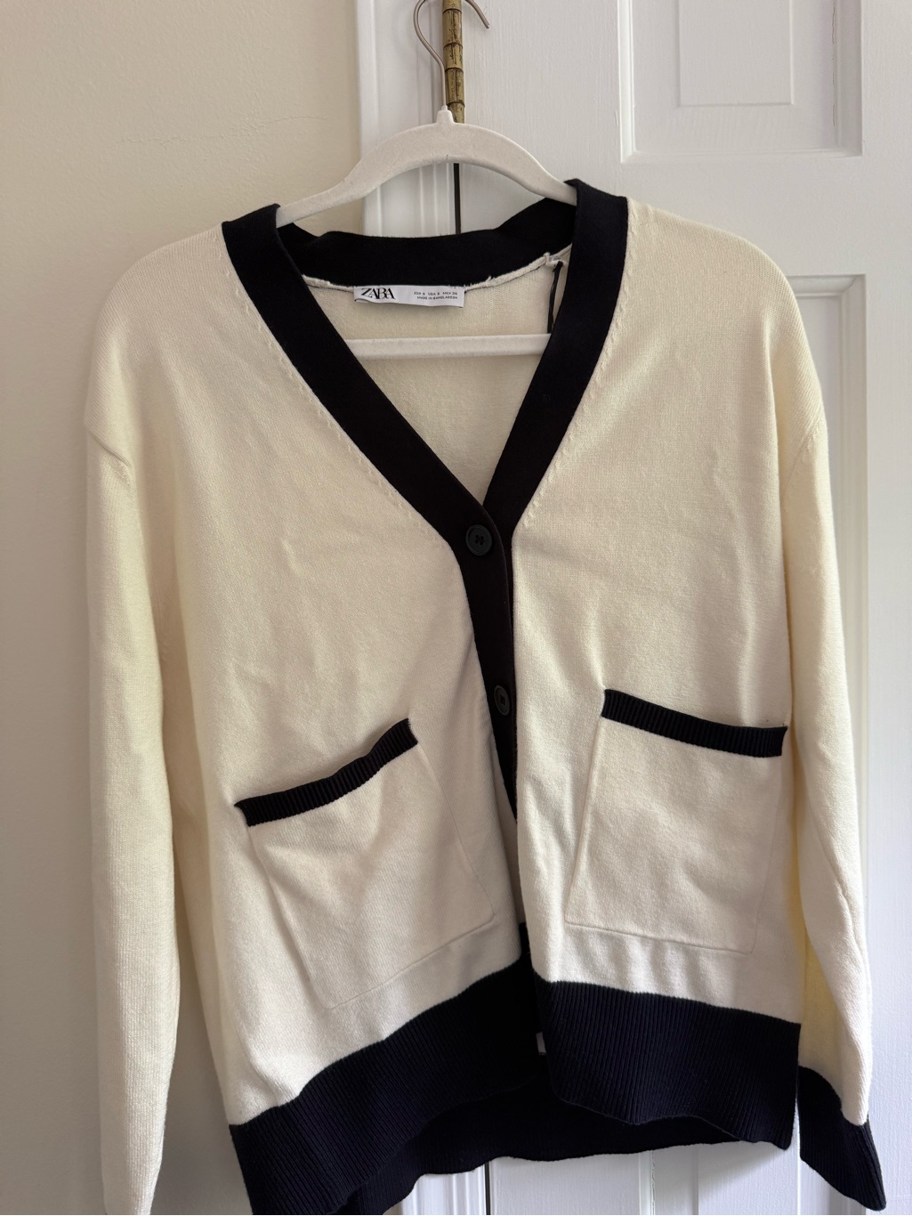 Zara Cream And Black Contrast-Trim V-Neck Cardigan